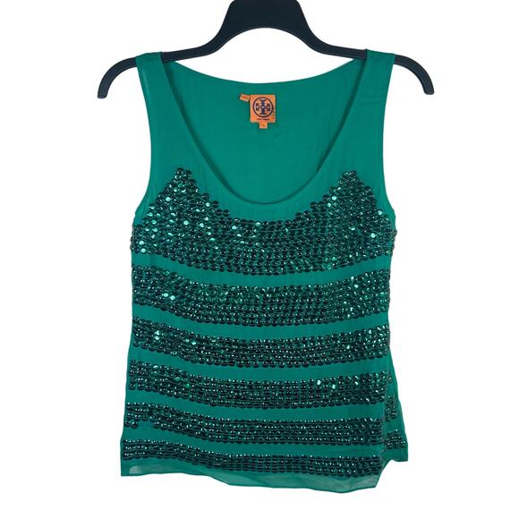 Tory Burch Tops - Tory Burch Kelly Green Sequin Striped Silk Tank Top Women's 8 Chic Sophisticated